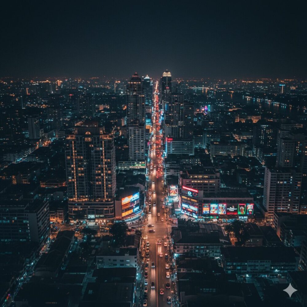 Prompt A vibrant aerial night view of Bangkok with glowing streets bars and neon lights in Thonglor Nana and Silom districts.