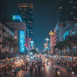 Prompt A vibrant night scene of Thonglor Bangkok with neon lights and people enjoying nightlife