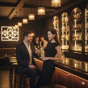 Prompt Businessman relaxing at luxury nightclub bar in Bangkok soft golden light hostess chatting and smiling.