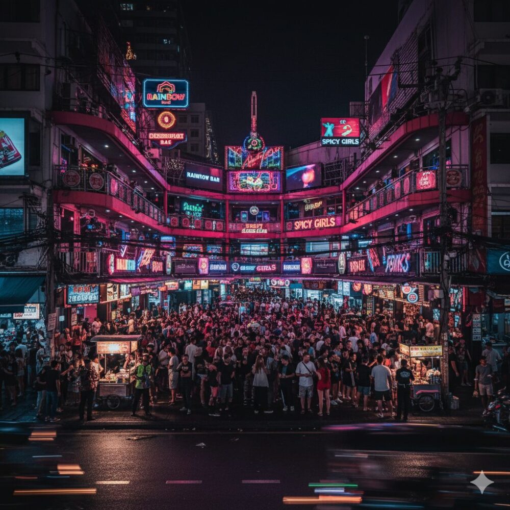 Prompt Bustling Nana Plaza area in Bangkok with neon signs and lively crowd at night. 1 1
