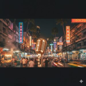 バンコク・スクンビットの夜景とカラオケマイク、ネオンが輝くバー街を背景にした画像 — cinematic lighting, warm tone, horizontal